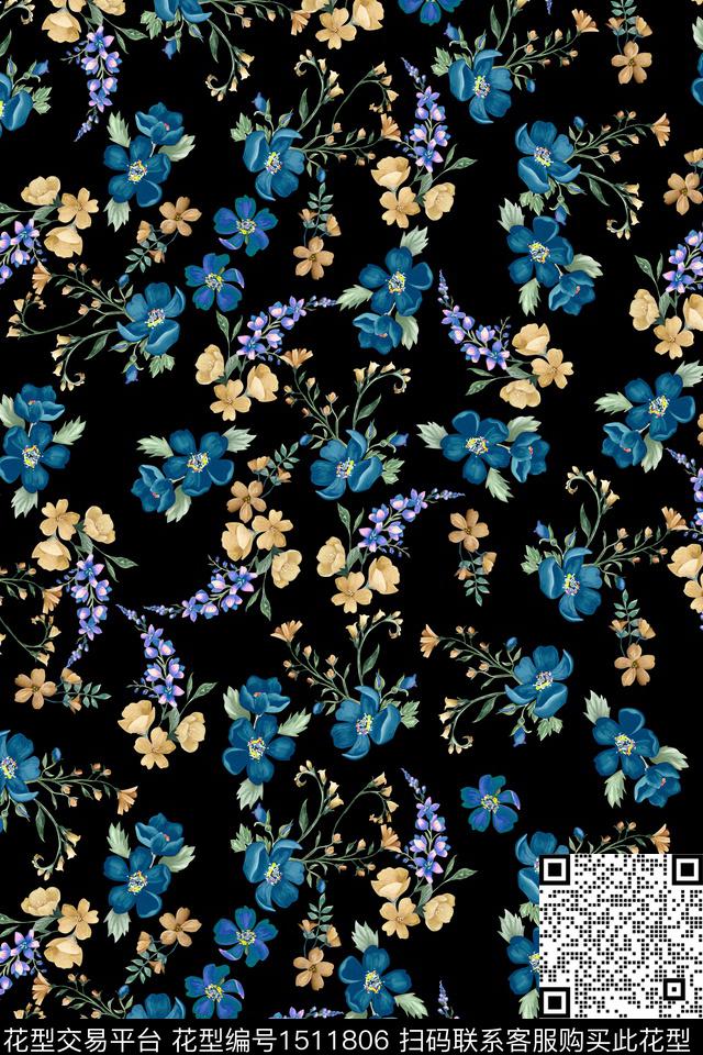 黑底花卉花卉大牌风数码印花华亿平台下载（图片编号: 1511806） - 瓦栏（Walan）