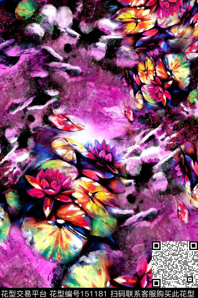 水彩画花朵穿插数码印花华亿平台下载（图片编号: 151181） - 瓦栏（Walan）