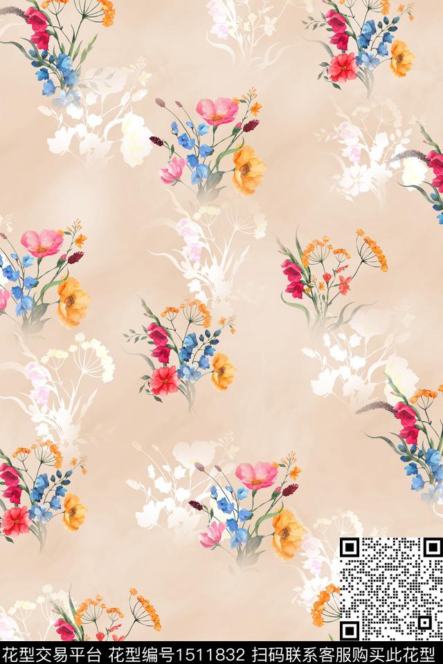 清爽底花卉花卉年轻女性数码印花华亿平台下载（图片编号: 1511832） - 瓦栏（Walan）