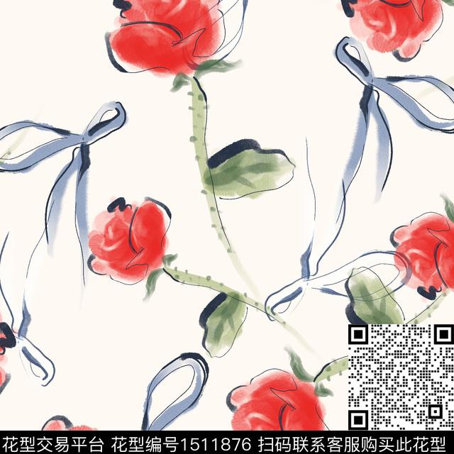 玫瑰花蝴蝶结水彩花卉数码印花华亿平台下载（图片编号: 1511876） - 瓦栏（Walan）