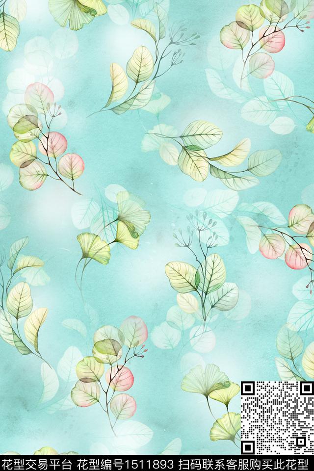 水彩绿植树叶抽象数码印花华亿平台下载（图片编号: 1511893） - 瓦栏（Walan）