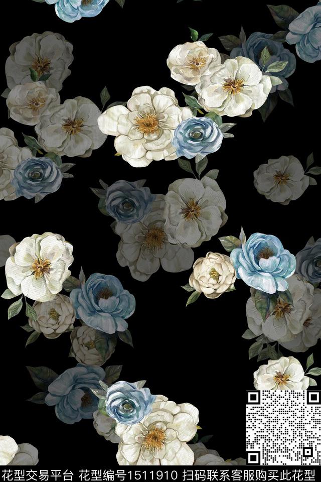 黑底花卉花卉大牌风数码印花华亿平台下载（图片编号: 1511910） - 瓦栏（Walan）
