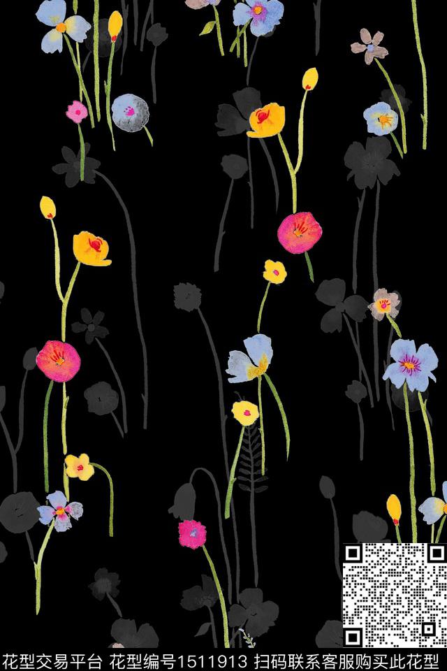 黑底花卉花卉大牌风数码印花华亿平台下载（图片编号: 1511913） - 瓦栏（Walan）