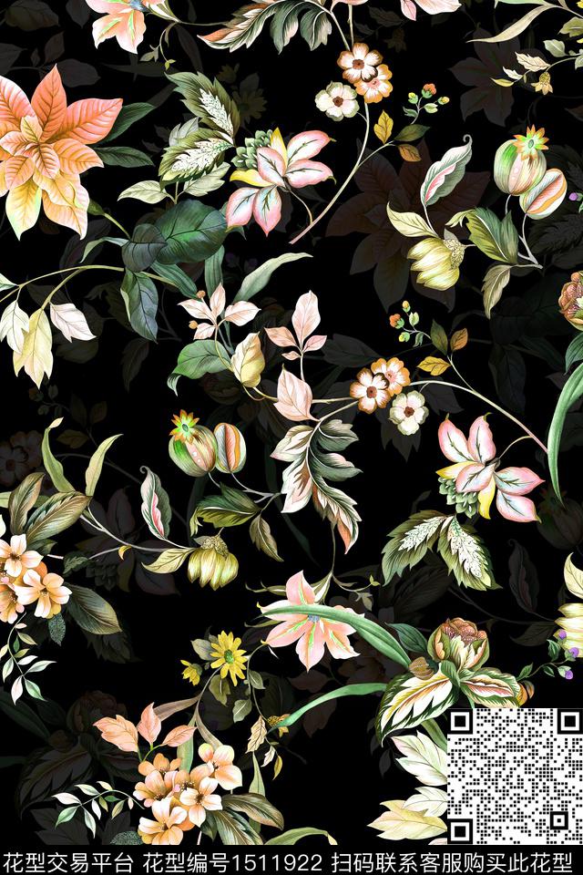 复古花卉真丝数码印花华亿平台下载（图片编号: 1511922） - 瓦栏（Walan）