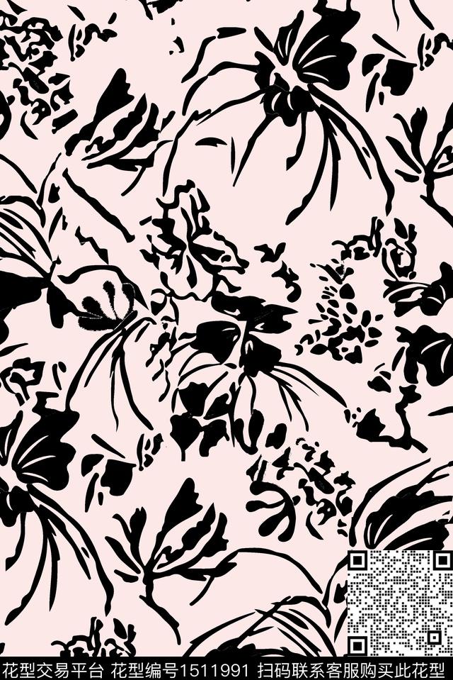 涂鸦双色花卉数码印花华亿平台下载（图片编号: 1511991） - 瓦栏（Walan）