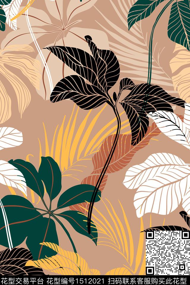 绿植树叶大牌风棕榈树数码印花华亿平台下载（图片编号: 1512021） - 瓦栏（Walan）