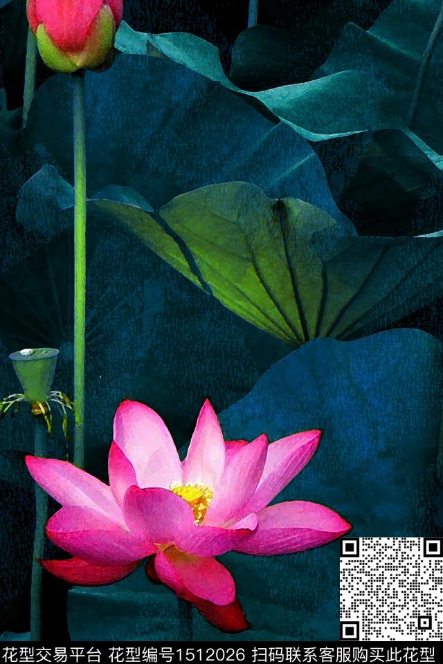 荷花花卉配饰数码印花华亿平台下载（图片编号: 1512026） - 瓦栏（Walan）