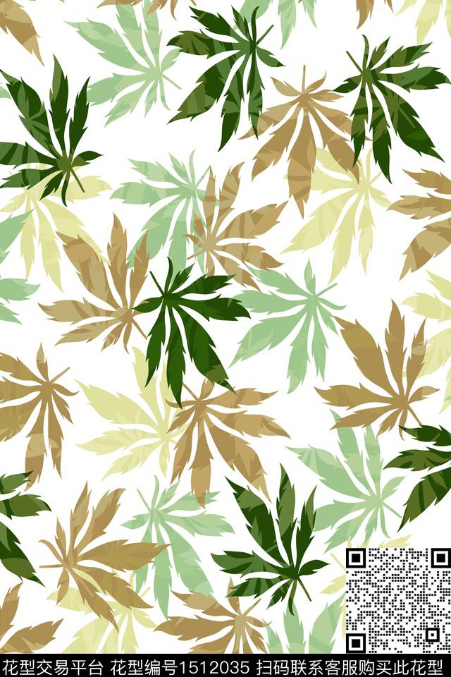 小清新真丝绿植树叶数码印花华亿平台下载（图片编号: 1512035） - 瓦栏（Walan）