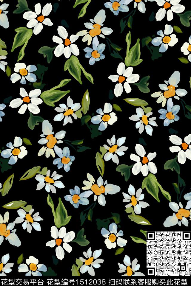 黑底花卉花卉大牌风数码印花华亿平台下载（图片编号: 1512038） - 瓦栏（Walan）