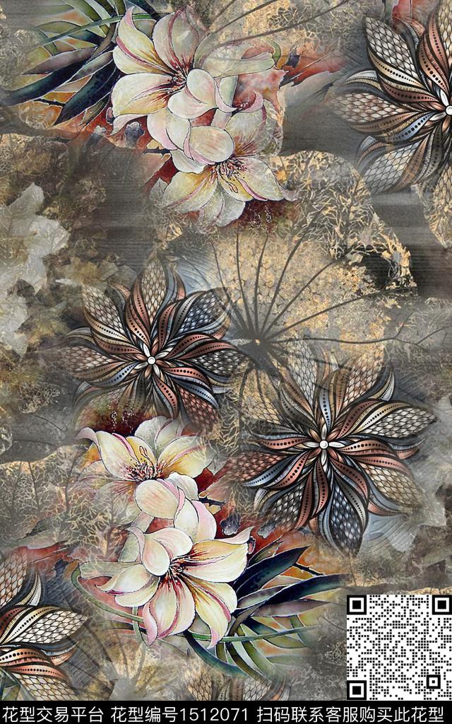 手绘中老年香云纱数码印花华亿平台下载（图片编号: 1512071） - 瓦栏（Walan）