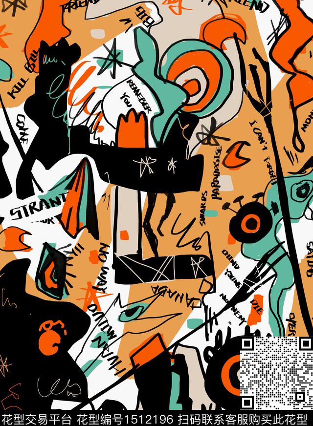 涂鸦抽象大牌风数码印花华亿平台下载（图片编号: 1512196） - 瓦栏（Walan）
