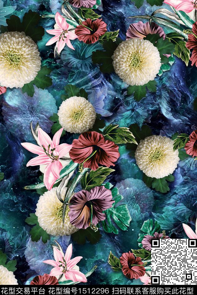 花卉组合花卉清爽旗袍数码印花华亿平台下载（图片编号: 1512296） - 瓦栏（Walan）