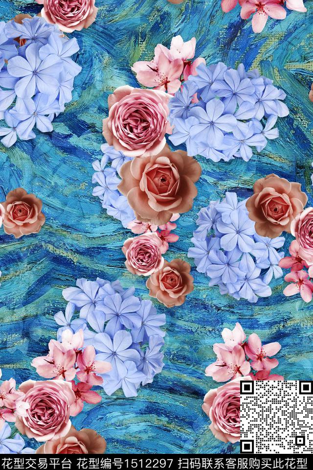 花卉组合花卉清爽旗袍数码印花华亿平台下载（图片编号: 1512297） - 瓦栏（Walan）