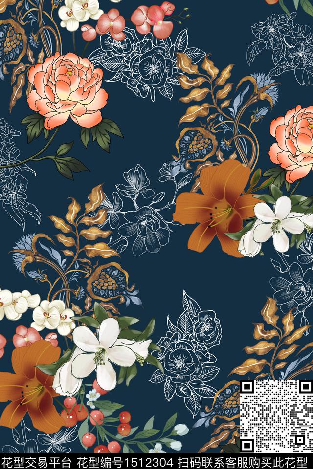 绿植树叶花卉大牌风数码印花华亿平台下载（图片编号: 1512304） - 瓦栏（Walan）