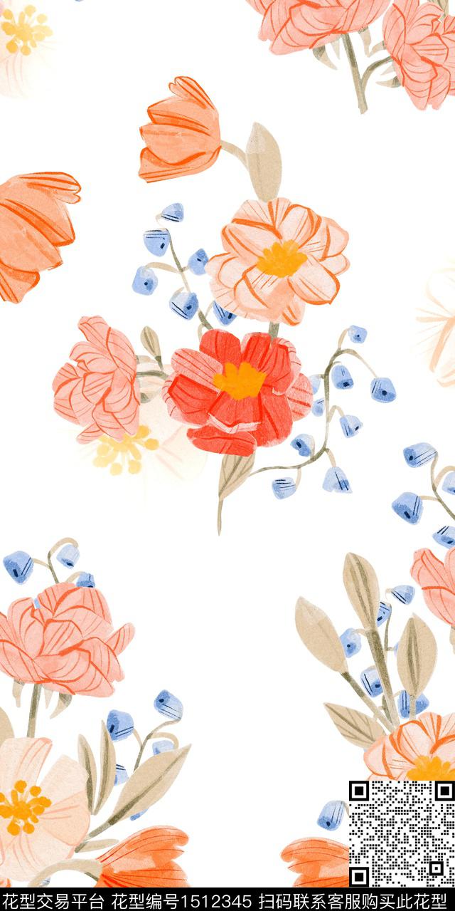 水彩简约花卉数码印花华亿平台下载（图片编号: 1512345） - 瓦栏（Walan）