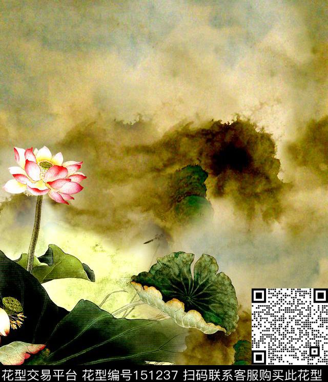 荷花工笔水墨数码印花华亿平台下载（图片编号: 151237） - 瓦栏（Walan）