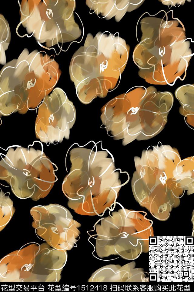 黑底花卉花卉大牌风数码印花华亿平台下载（图片编号: 1512418） - 瓦栏（Walan）