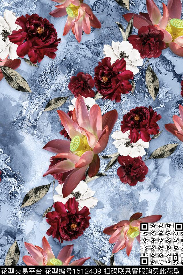 花卉组合花卉清爽旗袍数码印花华亿平台下载（图片编号: 1512439） - 瓦栏（Walan）