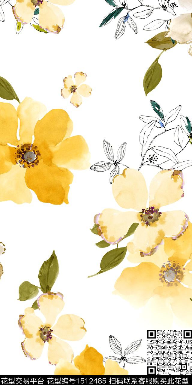 绿植树叶花卉手绘花卉数码印花华亿平台下载（图片编号: 1512485） - 瓦栏（Walan）