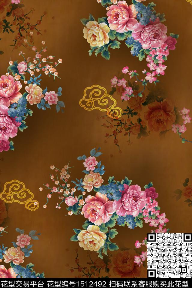 花卉香云纱真丝数码印花华亿平台下载（图片编号: 1512492） - 瓦栏（Walan）