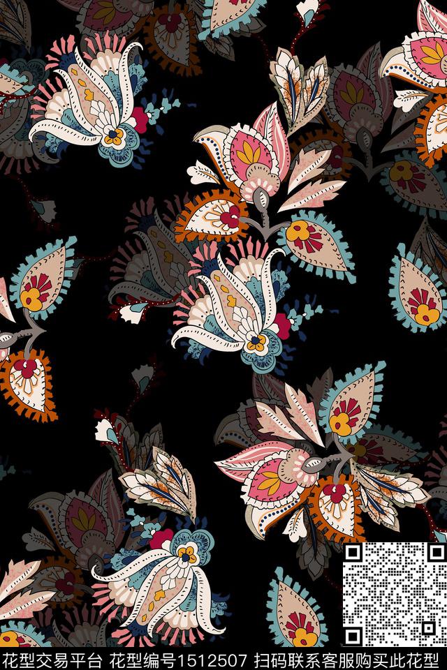 复古民族风真丝数码印花华亿平台下载（图片编号: 1512507） - 瓦栏（Walan）