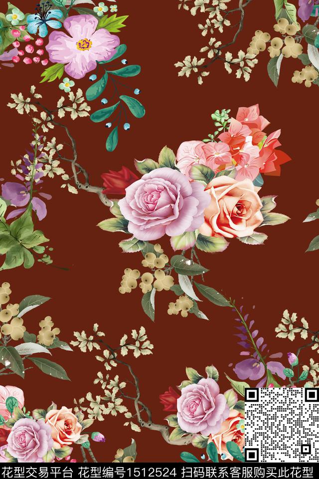 绿植树叶花卉大牌风数码印花华亿平台下载（图片编号: 1512524） - 瓦栏（Walan）