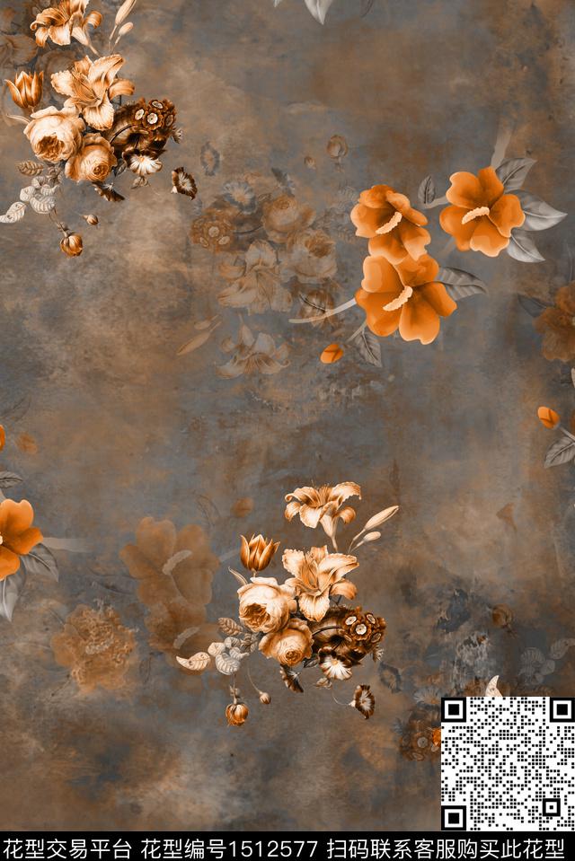 民族风花卉香云纱数码印花华亿平台下载（图片编号: 1512577） - 瓦栏（Walan）