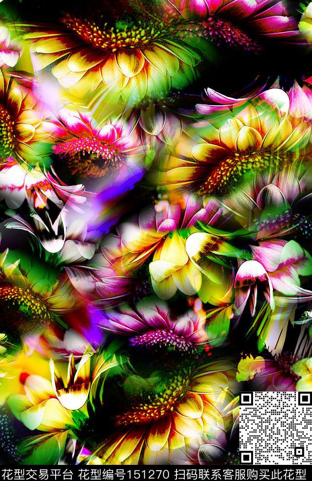 手绘绽放鲜花数码印花华亿平台下载（图片编号: 151270） - 瓦栏（Walan）