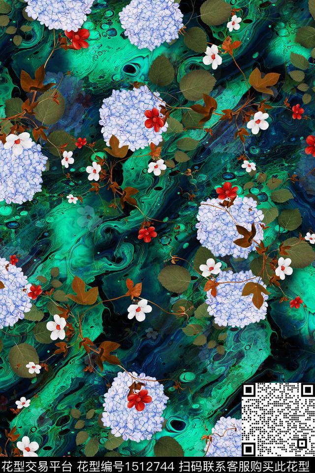 真丝花卉组合花卉数码印花华亿平台下载（图片编号: 1512744） - 瓦栏（Walan）