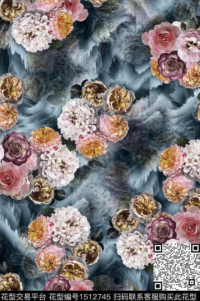 真丝花卉组合花卉数码印花华亿平台下载（图片编号: 1512745） - 瓦栏（Walan）