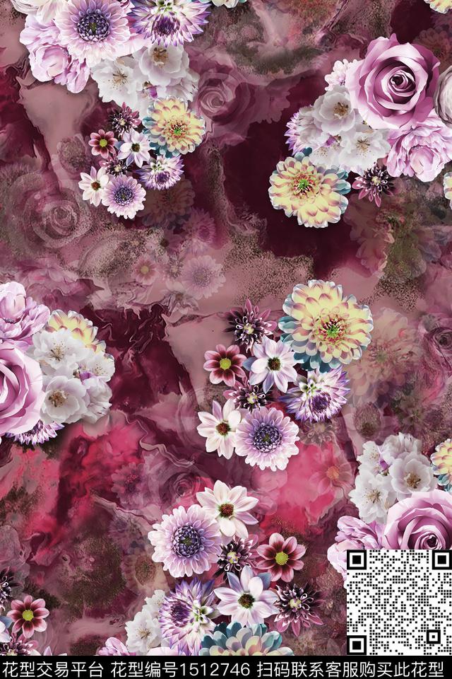 真丝花卉组合花卉数码印花华亿平台下载（图片编号: 1512746） - 瓦栏（Walan）