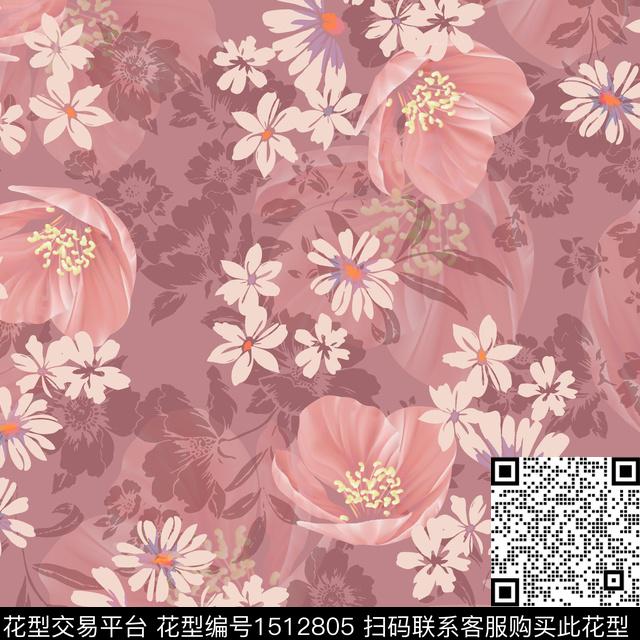 花卉手绘矢量数码印花华亿平台下载（图片编号: 1512805） - 瓦栏（Walan）