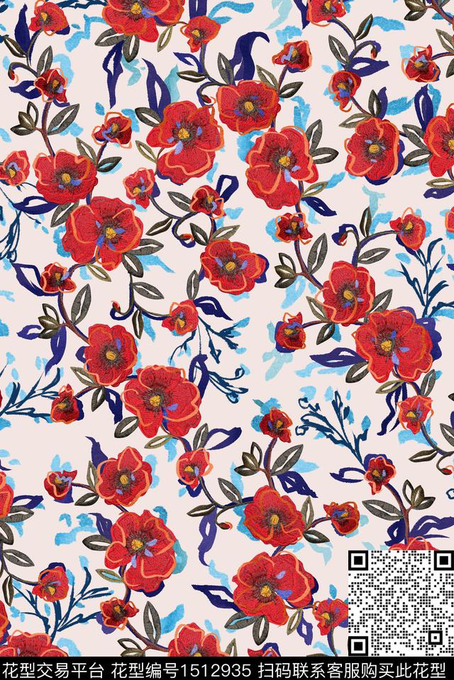 笔触花卉抽象数码印花华亿平台下载（图片编号: 1512935） - 瓦栏（Walan）
