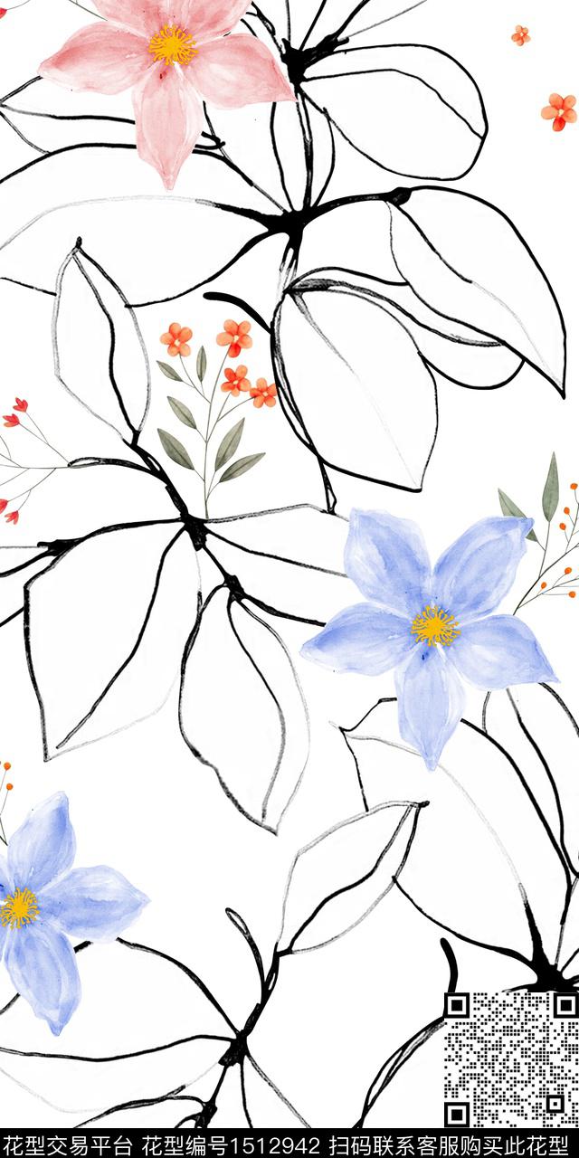 水彩绿植树叶花卉数码印花华亿平台下载（图片编号: 1512942） - 瓦栏（Walan）