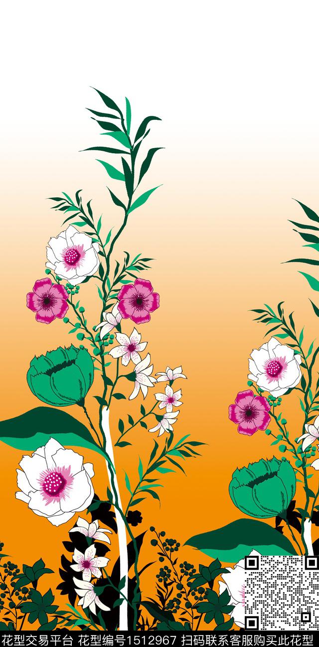 双边定位花植物欧美数码印花华亿平台下载（图片编号: 1512967） - 瓦栏（Walan）
