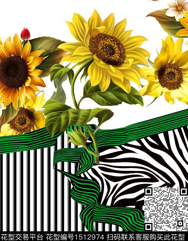 丝巾定位花黑白条纹大花卉数码印花华亿平台下载（图片编号: 1512974） - 瓦栏（Walan）