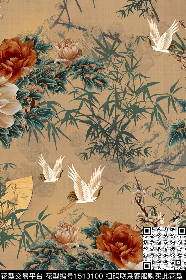 花卉香云纱中国风数码印花华亿平台下载（图片编号: 1513100） - 瓦栏（Walan）