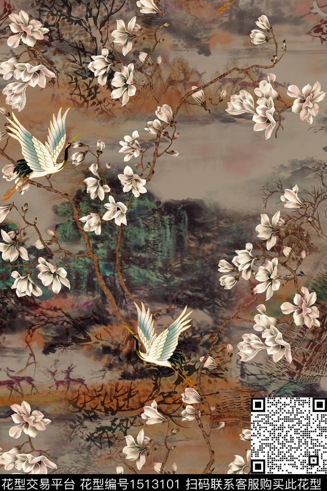 花卉香云纱中国风数码印花华亿平台下载（图片编号: 1513101） - 瓦栏（Walan）