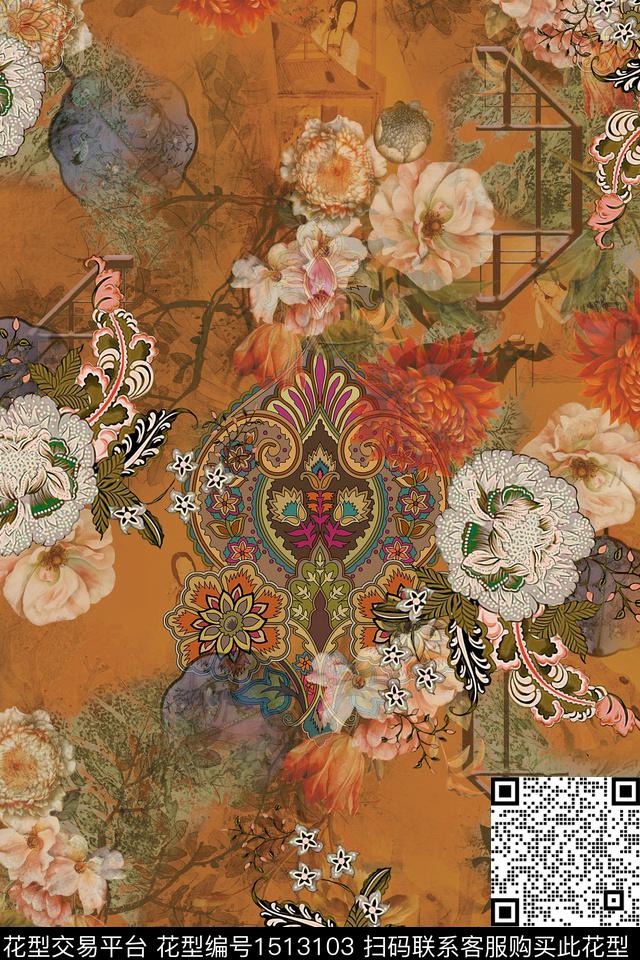 花卉香云纱中国风数码印花华亿平台下载（图片编号: 1513103） - 瓦栏（Walan）