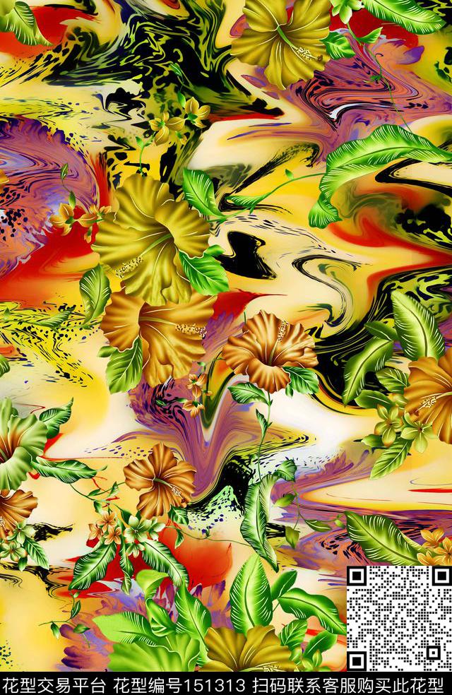 花卉波纹滴状数码印花华亿平台下载（图片编号: 151313） - 瓦栏（Walan）