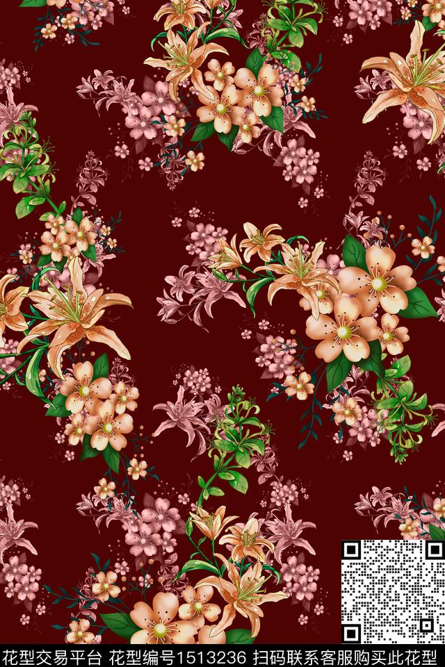 花卉大牌风中国风数码印花华亿平台下载（图片编号: 1513236） - 瓦栏（Walan）