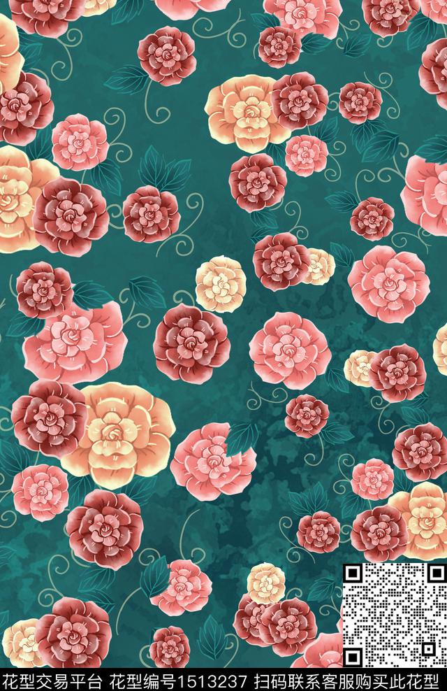 花卉大牌风中国风数码印花华亿平台下载（图片编号: 1513237） - 瓦栏（Walan）