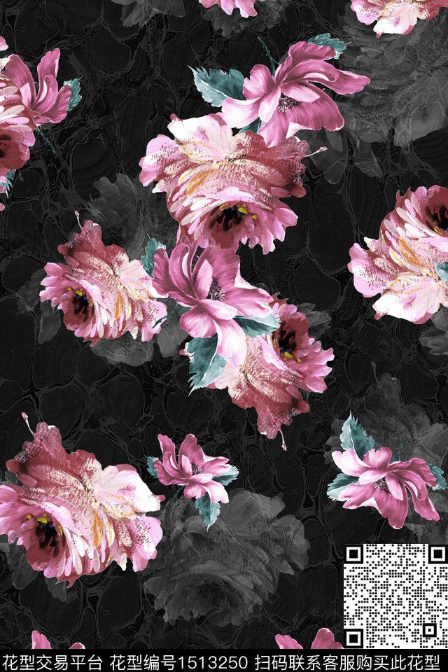 真丝花卉组合花卉数码印花华亿平台下载（图片编号: 1513250） - 瓦栏（Walan）