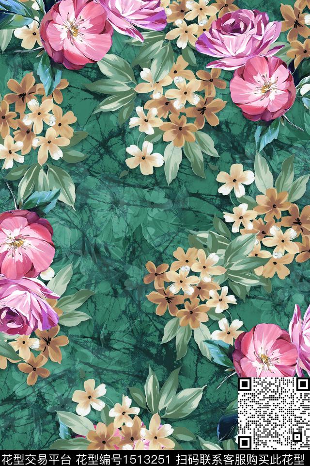 真丝花卉组合花卉数码印花华亿平台下载（图片编号: 1513251） - 瓦栏（Walan）