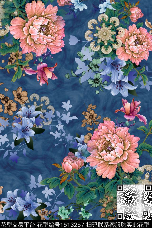 彩底花卉民族风香云纱数码印花华亿平台下载（图片编号: 1513257） - 瓦栏（Walan）