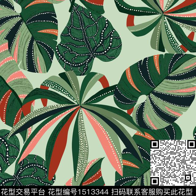 热带华亿平台夏威夷风绿植树叶数码印花华亿平台下载（图片编号: 1513344） - 瓦栏（Walan）