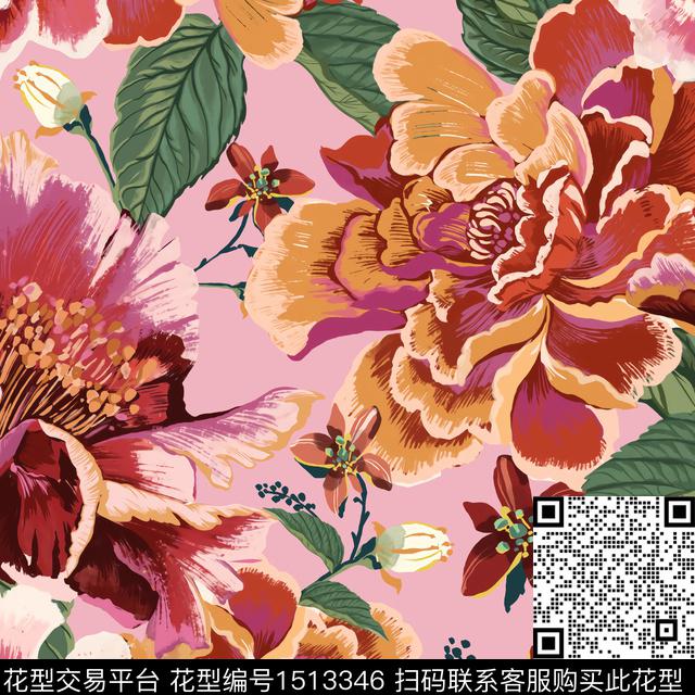 牡丹手绘大花粉红数码印花华亿平台下载（图片编号: 1513346） - 瓦栏（Walan）