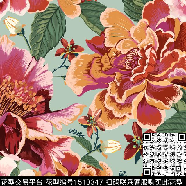 牡丹手绘大花粉红数码印花华亿平台下载（图片编号: 1513347） - 瓦栏（Walan）