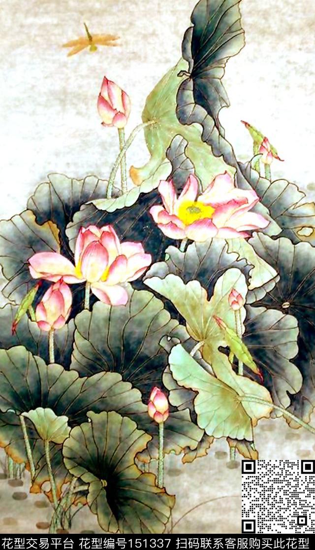 国画工笔荷花数码印花华亿平台下载（图片编号: 151337） - 瓦栏（Walan）