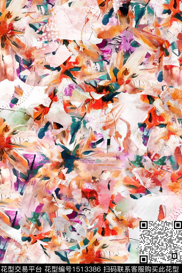 抽象花卉小清新真丝数码印花华亿平台下载（图片编号: 1513386） - 瓦栏（Walan）